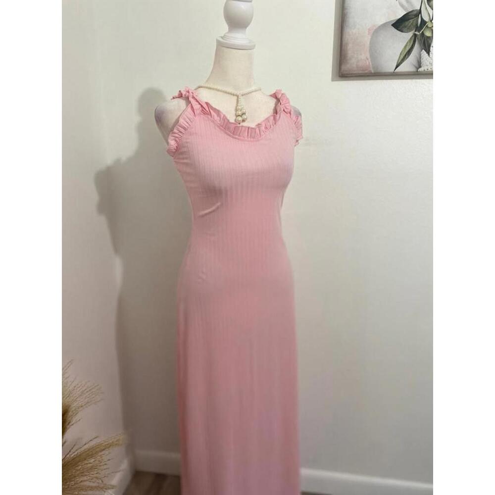 Pink Ribbed Maxi Dress with Ruffle Straps-Small-New(0006)